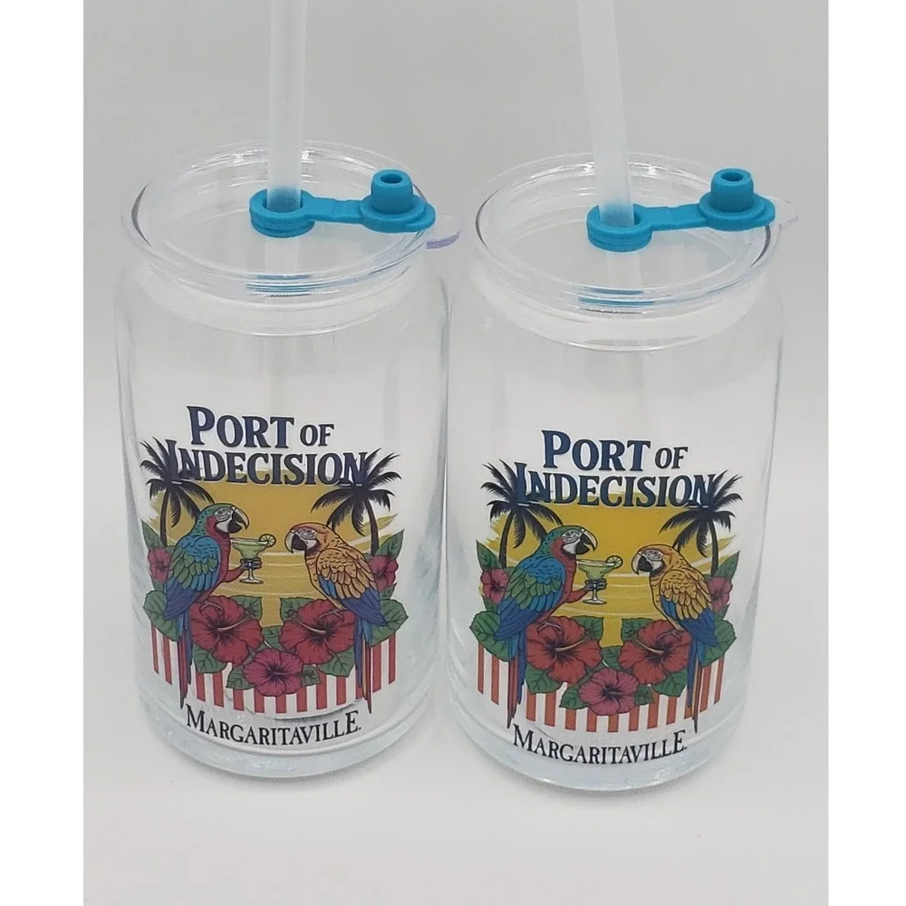 Margaritaville Glass Sipper Cup Port of Indecision Set of 2 Lids Straws 16oz